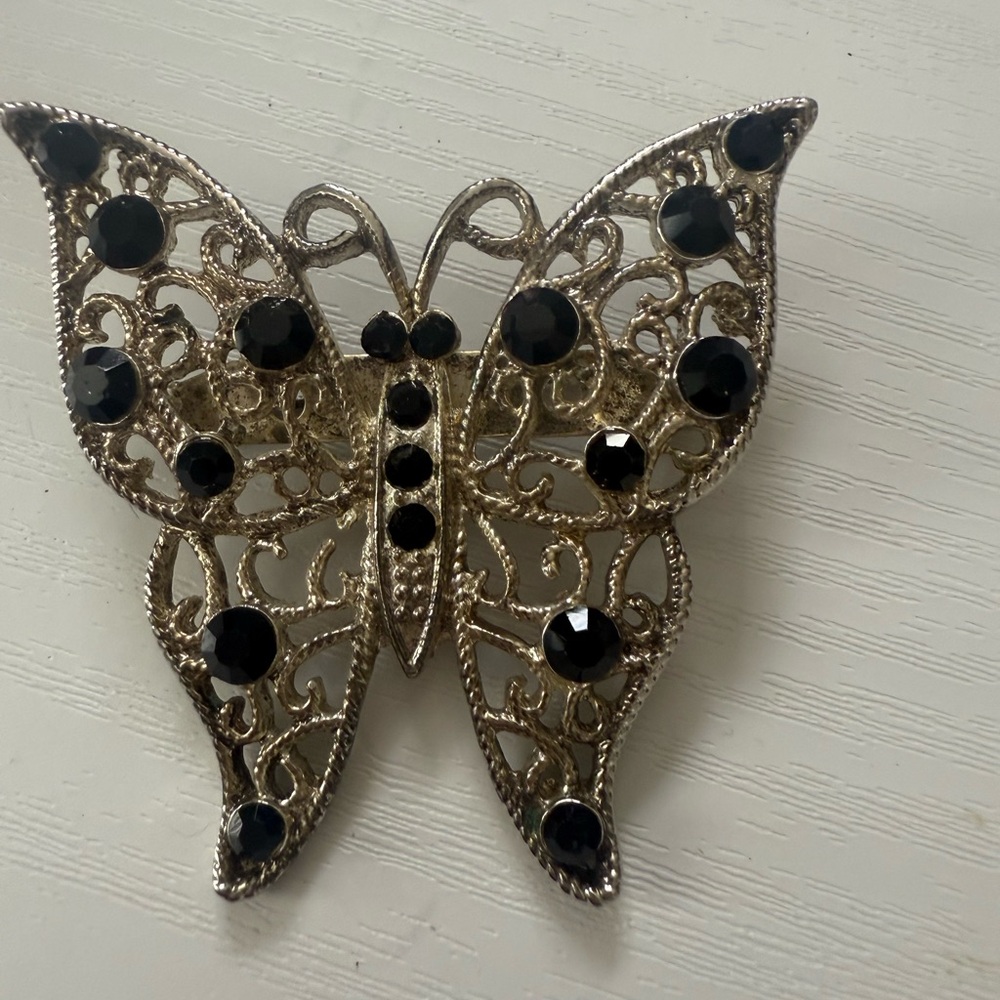 Silver Butterfly Brooch with Black Accents